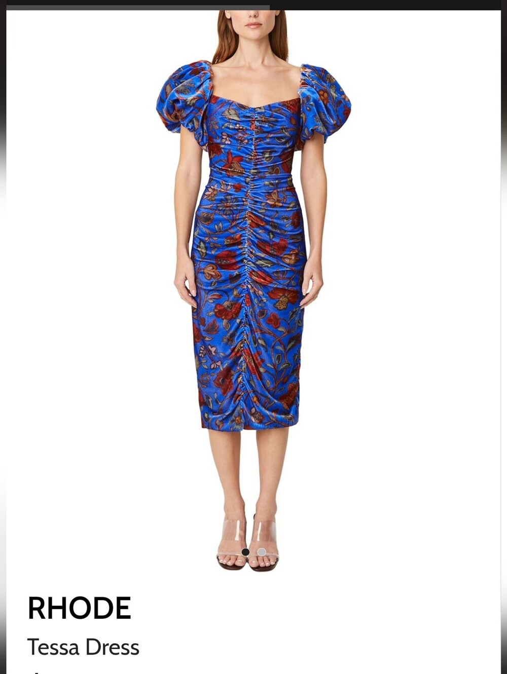 RHODE Blue Floral Ruched Puff-Sleeve Midi Dress